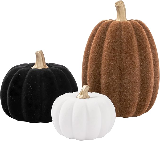 DN DECONATION 3 Pcs Fall Pumpkin Decorations – Flocked White Brown Black Resin Pumpkins Figurines for Autumn Thanksgiving Halloween Decoration, Faux Artificial Pumpkin for Home Table Mantel Decorating