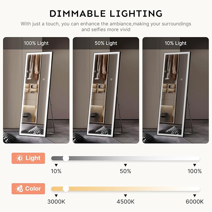 Kosmonia 66x24 Full Length Mirror, Dimmable 3 Color LED Light w/Light Memory, Distortion Free Silver Coating Mirror, HD Reflection &Anti Desilvering,Tempered Glass &Shatter Proof Film Doubles Safety