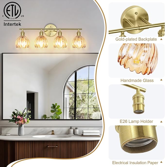 Vintage Bathroom Light Fixtures,4-Light Hardwired Vanity Lights Over Mirror,Gold Wall Sconces with Amber Tulip Glass Shade for Bathroom Living Room,E26 Socket(Bulbs Not Included)