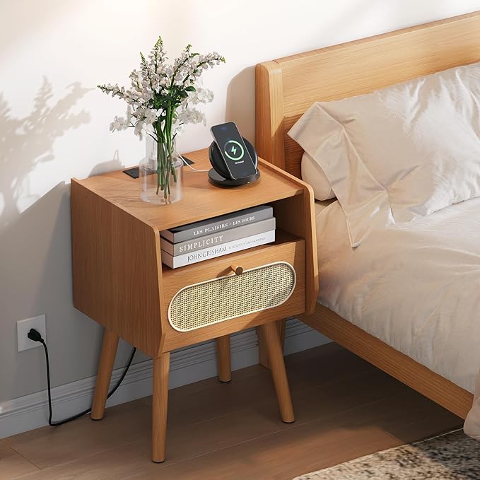 Night Stand Set 2, Mid Century Modern Nightstands, Wooden Bedside Table with Charging Station & Rattan Drawer, Boho End Table with Storage, Solid Wood Legs Side Tables for Bedroom, Cherry