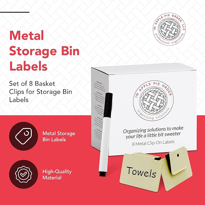 Labels for Storage Bins | Metal Storage Bin Clips (2.5โ x 3.5โ) - Set of 8 Basket Clip On Tags for Storage Bins w/Non-Slip Grip Pads & Dry Erase Marker - Removable Bin Labels for Storage Baskets