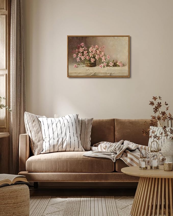 KISSFOX Vintage Floral Canvas Wall Art Framed Retro Pink Flower Botanical Painting Prints Farmhouse Rustic Still Life Roses Pictures Decor Gallery Office Living Room Bedroom Bathroom