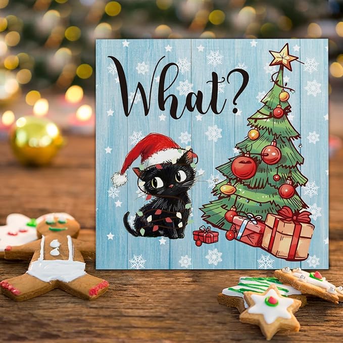 Funny Christmas Decorations, Black Cat Wooden Sign Decor, Christmas Tree Wooden Block Sign, Christmas Decor for Table Shelf 5 x 5 Inch