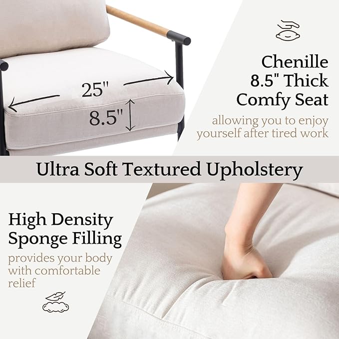 LukeAlon Mid Century Chenille Accent Chairs Set of 2, Ultra Soft Living Room Chairs with Metal Legs Modern Armchair Lounge Chairs Upholstered Comfy Leisure Chair for Bedroom Reception Area, Beige