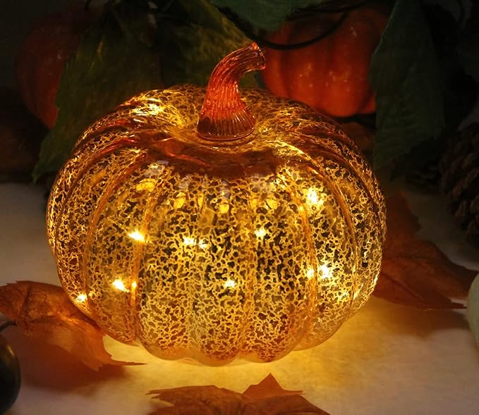 Mercury Glass Pumpkin Light with Timer, with 10 Fairy Lights Inside,Battery Operated Led Pumpkin Light,Ideal for Halloween Fall Decoration, Thanksgiving Rustic Decor, Xmas Decor (Gold)