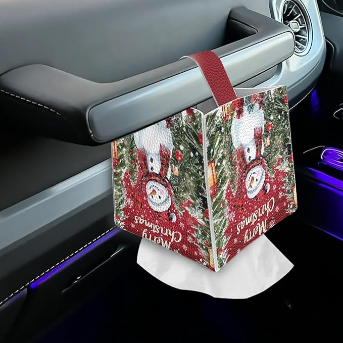 Christmas Tissue Box Cover Square PU Leather Tissue Box Holder Facial Paper Boxes Case for Tabletop Night Stands Bathroom Office Modern Decorative Cute Snowman Cube Napkin Case