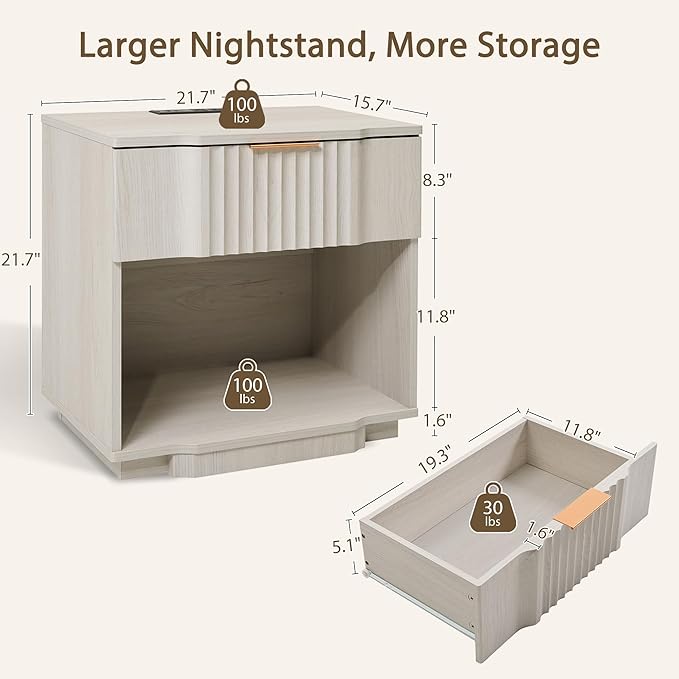 Yechen Fluted Nightstand with 20W Fast Charging Station - Modern Large Night Stand with Storage Drawer & Open Shelf, Wide Wood Bedside End Table for Bedroom with Curved Profile Base, White Oak