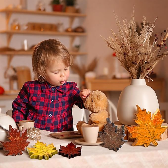 5pcs Fall Decorations for Home – Wooden Maple Leaves Set for Thanksgiving Table Centerpieces, Autumn Tabletop, Office Desk Decor
