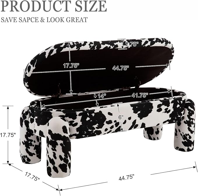DUOMAY Modern Storage Ottoman Bench, Velvet Upholstered Storage Bench End of Bed Stool for Bedroom Living Room Entryway, 44.75" Width, Milk Cow/Black