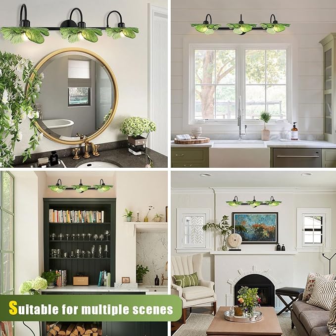 Bathroom Vanity Lights Over Mirror, 3 Light Mirror black Wall sconces with Green Glass Shade Bathroom Sconce Vintage Wall Lighting Fixture mid Century Wall Sconce Light for Bedside Bedroom Doorway
