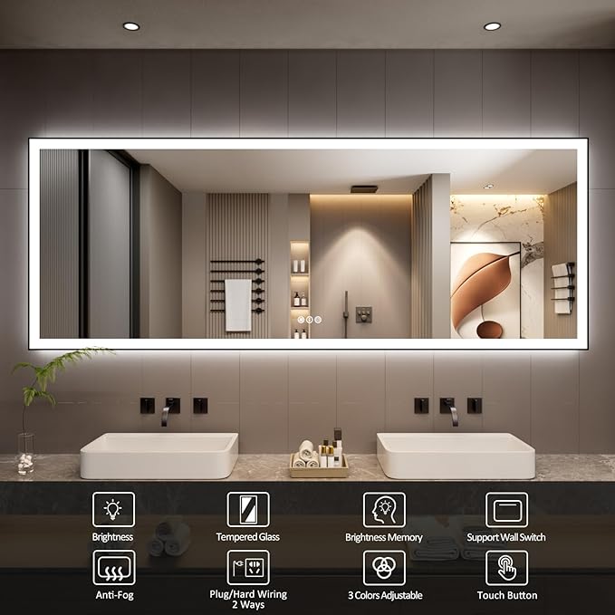 96x36 Inch LED Bathroom Mirror with Black Frame, Backlit and Front Lighted Bathroom Mirrors for Wall, Anti-Fog, Dimmable, Memory, Shatterproof, LED Vanity Mirror for Bathroom