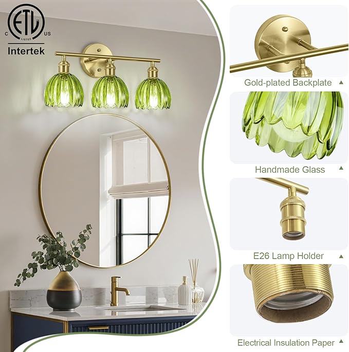 Vintage Bathroom Light Fixtures,3-Light Hardwired Vanity Lights Over Mirror,Gold Wall Sconces with Green Tulip Glass Shade for Bathroom Living Room,E26 Socket(Bulbs Not Included)