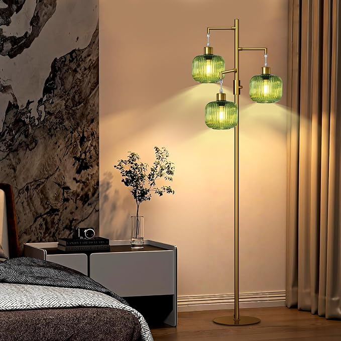 Glass Floor Lamps for Living Room, Stepless Dimmable Tree Standing Lamp with Green Lamp Shape, 69In Modern Tall Lamps for Bedroom, Rotary Switch, 3×600LM LED Bulbs Included