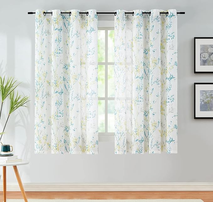 Tree Semi Sheer Curtains for Living Room Bedroom Teal Yellow and Grey Branch on White Window Curtains 63 inch Long Watercolor Print Curtain Panels Grommet Top 2pcs