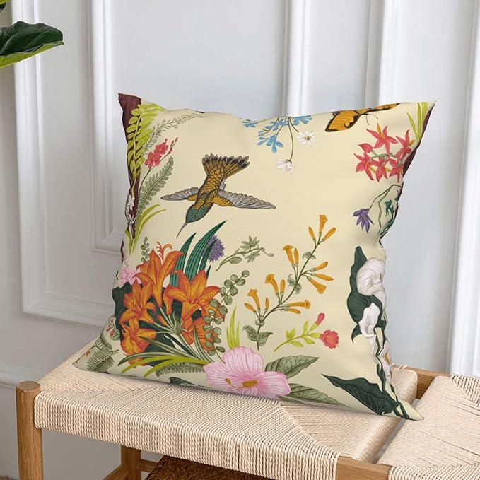 Flowers Birds Decorative Throw Pillowcases Set of 4 Pillow Covers 18x18 Inch, Spring Cushion Case Sofa Throw Pillows Cover Garden Pillow Covers for Couch Living Room Bed Indoors Home Decor