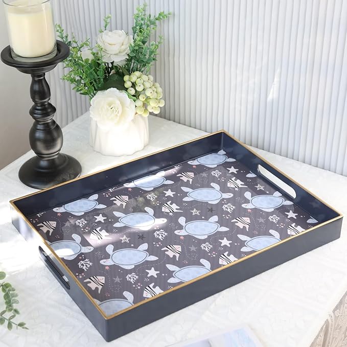 Spsyrine Decorative Serving Tray with Handles, Blue Lacquered Coffee Table Tray for Ottoman, Rectangle Waterproof Platters for Centerpieces, Parties, Living Room, Kitchen Counter Organization Turtle