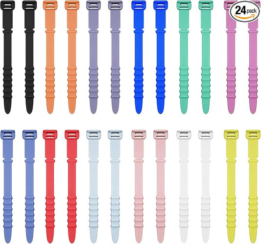 24Pcs Reusable Silicone Zip Ties, Rubber Cable Ties for Cable Management, 4.5 Inch Elastic Cable Organizer for Home Office Table Desk Organization, Bundling Cable Wires (12 Colors)