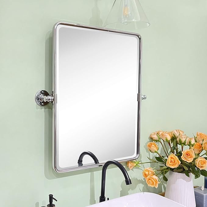 Farmhouse Chrome Metal Framed Pivot Rectangle Bathroom Mirror Rounded Rectangluar Tilting Beveled Vanity Mirrors for Wall, Overall 22.91 x 24 inches (Mirrror 19 x 24 inches)