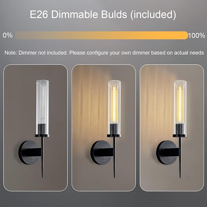 Wall Sconces Set of Two, 17.7'' Black Bathroom Wall Sconce Light with Glass Tube, 2-Light Sconces Wall Lighting Over Mirror Vanity Wall Lights for Living Room, Hallway, Bedroom, Staircase