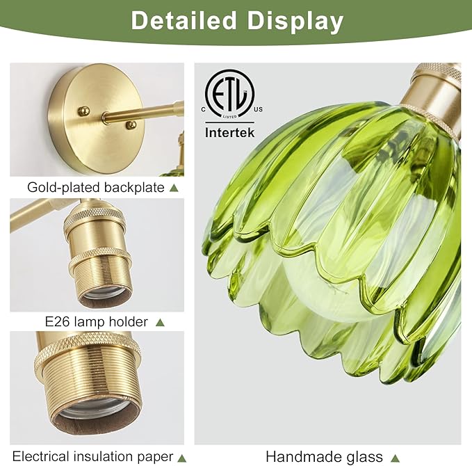 Vintage Wall Sconces Set of Two,Hardwired Wall Lights with Green Tulip Glass Lampshade,Gold Wall Lamps for Bedroom Bedside Stairway Bathroom Living Room(Bulbs Not Included)