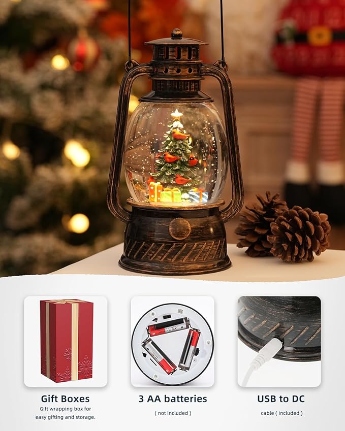 Christmas Decorations Musical Snow Globes Lighted Tree Cardinal Glittering with 6H Time Lantern USB Lined/Battery Operated for Christmas Decorations Indoor Gifts