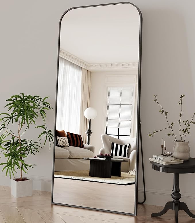 Koonmi Full Length Mirror, 65"x24" Mirror Full Length with Stand, Black Domed Top Square-Edged Floor Mirror with Aluminum Alloy Frame for Bedroom Living Room