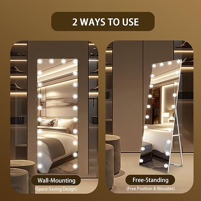 Kosmonia 66x22 Hollywood Full Length Mirror with Light, 22 Dimmable Bulbs & 3 Color Smart Touch Control, Distortion Free, Tempered Glass & Shatter Proof Film, Safe Full Body Mirrors with Stand