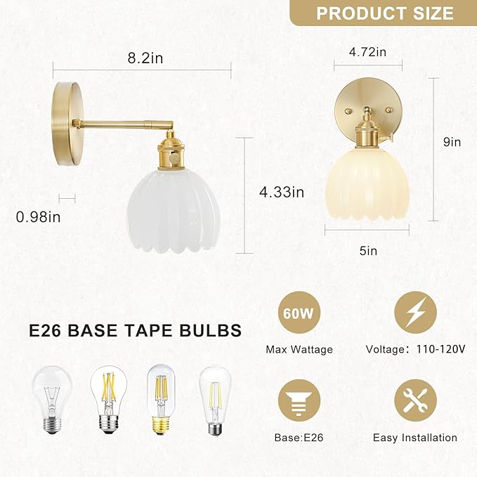 Hardwired Wall Sconce Light, Vintage Wall Sconce with Switch, Gold Wall Light Fixture with Tulip Milk White Glass Lampshade, Indoor Wall Light for Bedroom Bathroom, Bedside Wall Lamp