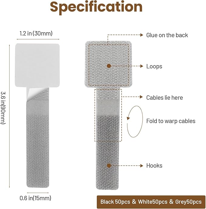 150pcs Hook and Loop Cable Ties, gliship Adhesive Wire Management, Adjustable Cable Straps Keeper Cord Holder, Sticky-Back Cord Organizer for Kitchen Appliances, Office, Home - Grey&White&Black