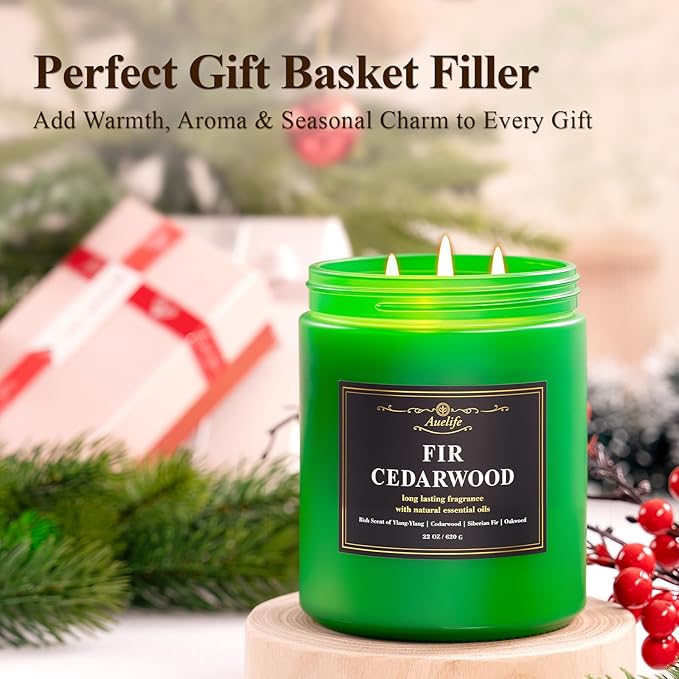 Auelife Fir & Cedarwood Scented Candle – 22oz Large 3-Wick Soy Candles, Long Lasting Winter Aromatherapy Candles, Woodsy Christmas Candle, Holiday Gift for Women & Men