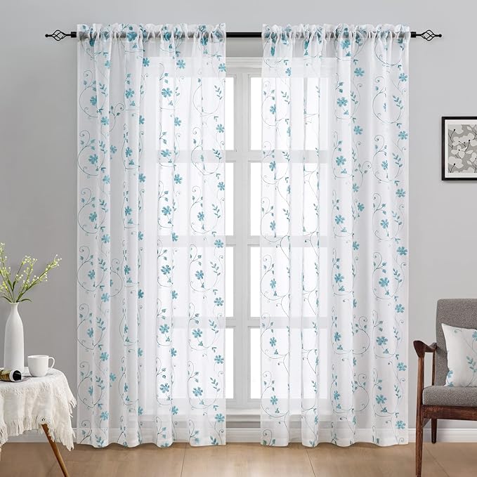 HOMEIDEAS White and Blue Embroidered Floral Sheer Curtains 84 Inches Long 2 Panels Flower Pattern Semi Sheer Window Curtains for Bedroom Living Room