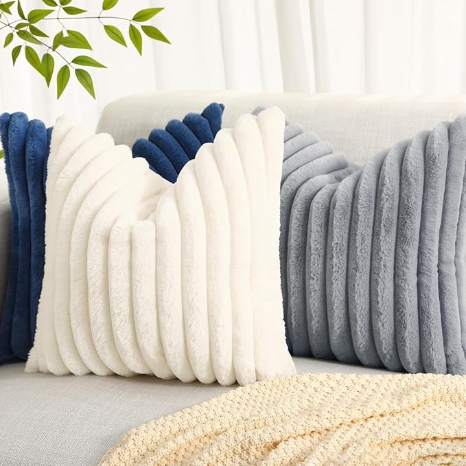 decorUhome Faux Fur Throw Pillow Covers 18x18 Set of 2, Decorative Soft Plush Striped Neutral Couch Euro Pillow Covers with Velvet Back for Sofa, Bed, Living Room Home Decor, Grey