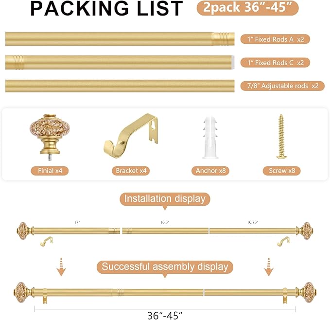 2 Pack Gold Curtain Rods for Windows 30-41 Inch, Decorative Vintage Crystal 1'' Diameter Curtain Rod with Gold Foil Finials, Adjustable Heavy Duty Easy Install Drapery Pole Set for Farmhouse