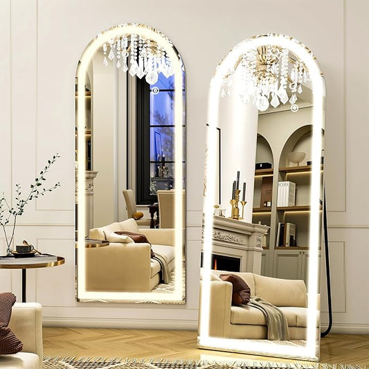 21"x56" Arched Full Length Mirror with LED Lights, Standing or Wall-Mounted Full Body Mirror with Stand, Dimmable 3-Color Lighted Floor Mirror for Bedroom, Dressing Room, Cloakroom