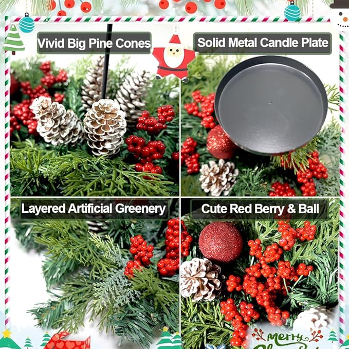 27.6" Christmas Table Centerpiece with Lighs Christmas Candle Holders with 3 Trays Red Berries Balls Pine Cones Christmas Pine Garland Lights Decoration for Centerpiece Table Mantel Holiday Home Decor