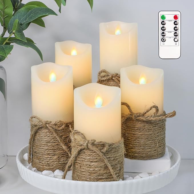 Crystal Club Flameless Candles Flickering with Timer, Set of 5 Battery Pillar Candles with Hemp Rope, Realistic Wax Candle Lights for Summer Party Home Table Décor