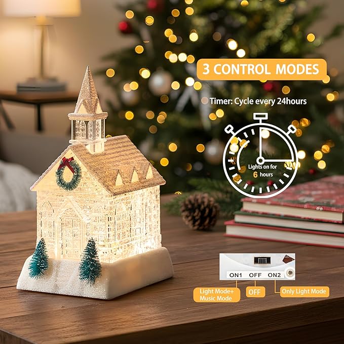 Christmas Lighted Church Water Lantern Snow Globe with Evergreens and Wreath, USB Lined/Battery Operated Lighted Lantern for Christmas Festival Decoration Gifts