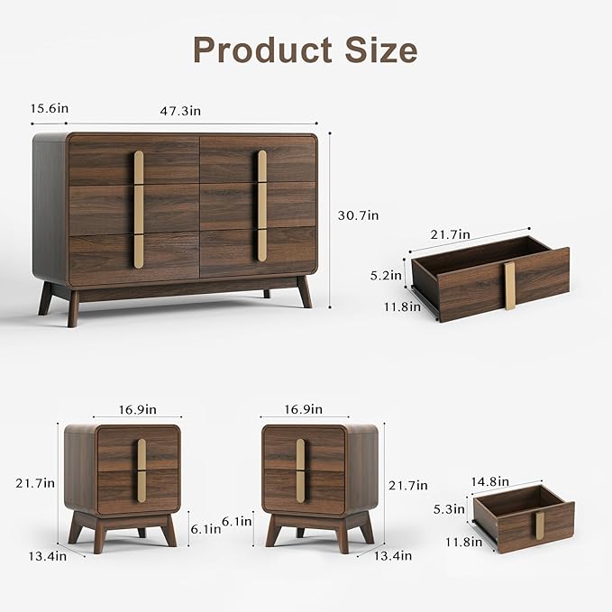 Mid Century Modern Bedroom Set, 6 Drawer Dresser and Nightstand Sets for Bedroom, Night Stand Set 2 & 6 Drawer Dresser with Gold Handles, Wood Chest of Drawers Storage Cabinet Set, Walnut