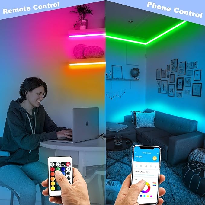DAYBETTER Smart Led Lights 50 ft, 5050 RGB Led Strip Lights Kits with 24 Keys Remote, App Control Timer Schedule Led Music Strip Lights
