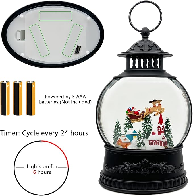 Christmas Snow Globe Lantern with Music & Timer - USB/Battery Operated LED Glittering Globe, Snow Globe Decor for Home Holiday (Reindeer)