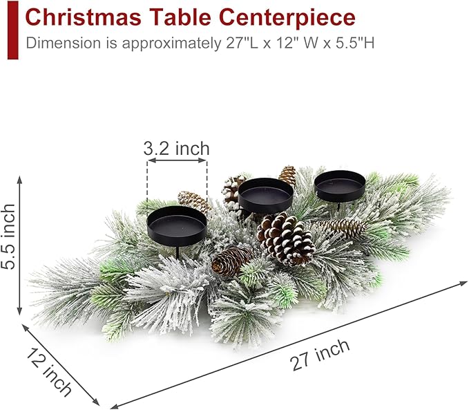 BAYN Christmas Centerpiece Table Decorations, Handcrafted Snowy Pine Cones and Pine Needles with 3 Candle Holders for Dining Table Fireplace Mantel - 27.5 in
