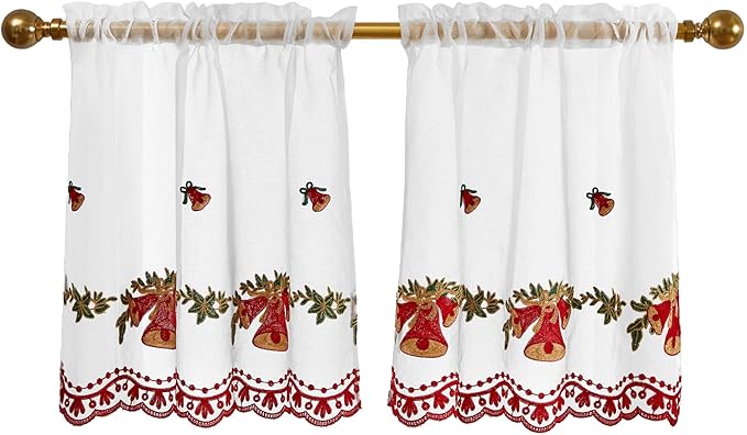 Deconovo Christmas Kitchen Tier Curtains, Embroidered Cafe Tiers, Semi Sheer Window Treatment with Rod Pocket, Light Filtering for Small Windows, Door & Sink Areas, 28W x 24L, Golden Bell, 2 Panels