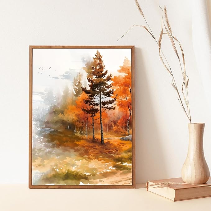 LHIUEM Rustic Autumn Landscape Canvas Wall Art set of 3(12”X16”)Maple Leaf Road Forest Framed Wall Decor,Retro Orange Fall Nature Scenery Vintage Thanksgiving Art Print for Office Living Room Bedroom