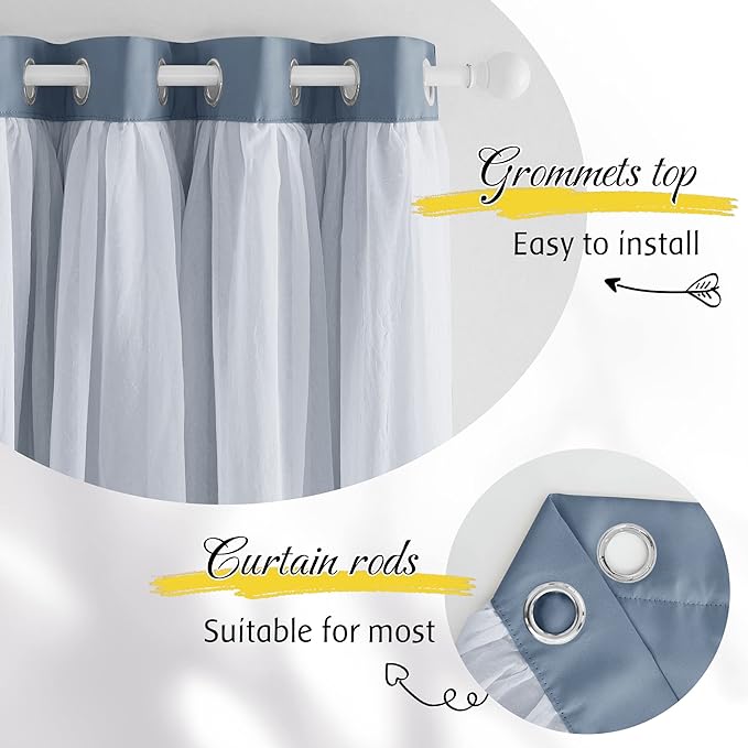 NICETOWN Bedroom Curtains for Kids, Room Darkening Thermal Insulated Sliding Glass Door Curtains for Living Room Double Layer Curtains with Crushed Sheer Overlay, 52" W x 84" L, 2 Panels, Stone Blue
