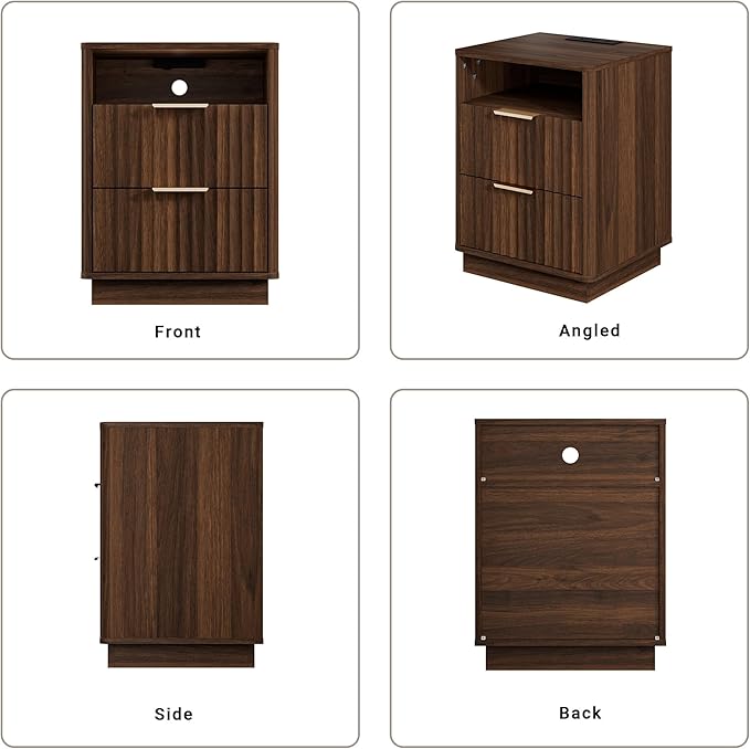 Fluted Nightstand Set of 2 with Charging Station, 18" Modern Farmhouse Night Stand, 2 Drawers End Table with Storage, Bedside Table for Bedroom Sofa Home Office, Curved Profile(Walnut)
