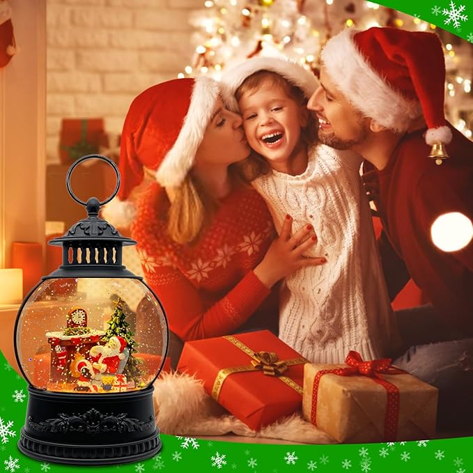 Christmas Snow Globe Lantern with Music & Timer - USB/Battery Operated LED Glittering Globe, Snow Globe Decor for Home Holiday (Santa Claus)