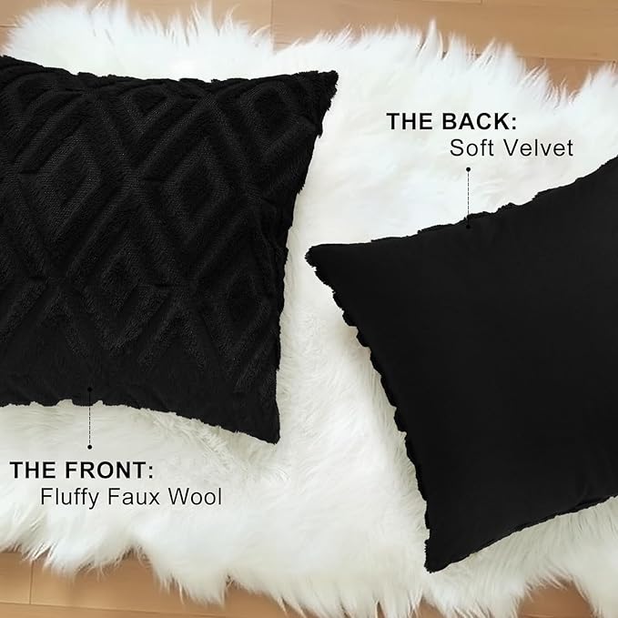 decorUhome Couch Throw Pillow Covers 22x22 Set of 2, Decorative Soft Plush Faux Wool Neutral Accent Pillow Covers for Bed Sofa Living Room, Black