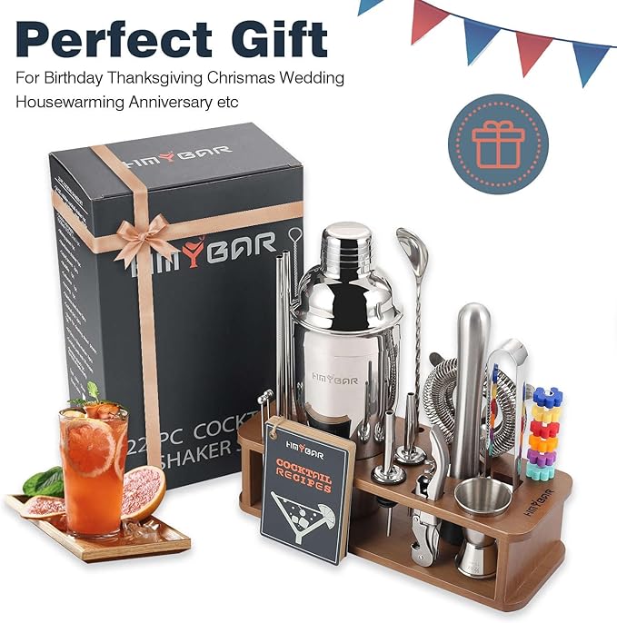 HMYBAR® 22-pc Cocktail Shaker Set(24oz/700ml) | Mixology Bartender Kit | Bar Tool Set | Martini Making Set with 39-Recipe Cocktail Cards & Kit's Deco, Bamboo Stand Brown Color, Silver Tools