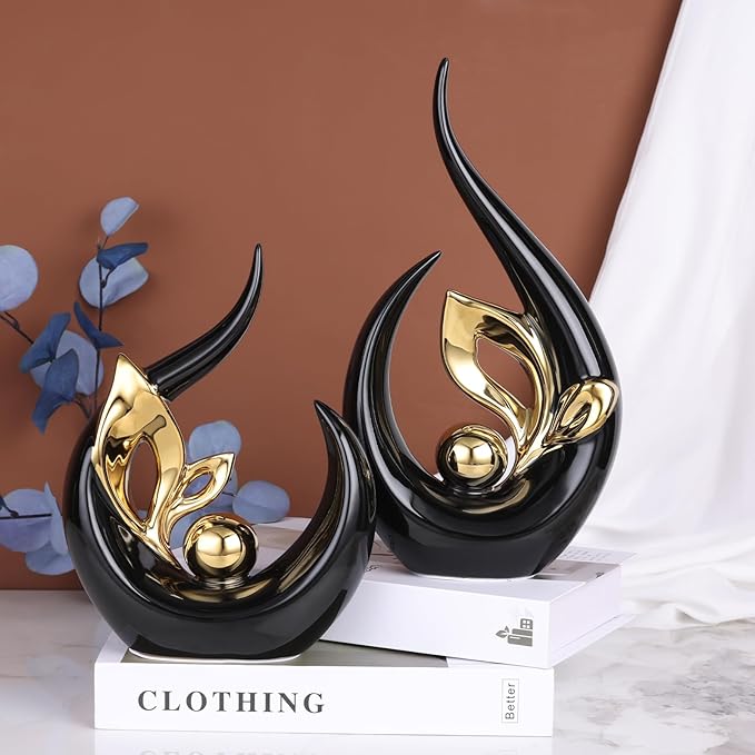 13" H Black Gold Abstract Sculptures Home Decor, Ceramic Art Statue Cool Stuff to Put on Shelves&tv Stand Decor, Gold Accent Entertainment Center, for Fireplace Coffee Table Dining Table Decorate