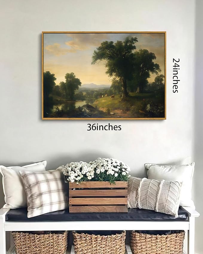 KISSFOX Framed Vintage Landscape Wall Art Natural Scenery Canvas Prints Colorful Painting Artwork Rustic Farmhouse Pictures Decor Living Room Office Bedroom Bathroom Kitchen